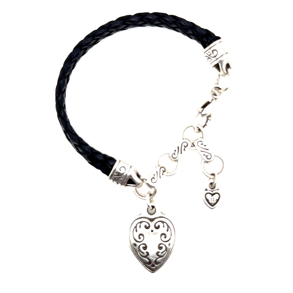 Brighton Black Braided Leather Heart Charm Bracelet Silver Tone Filigree 6-8"